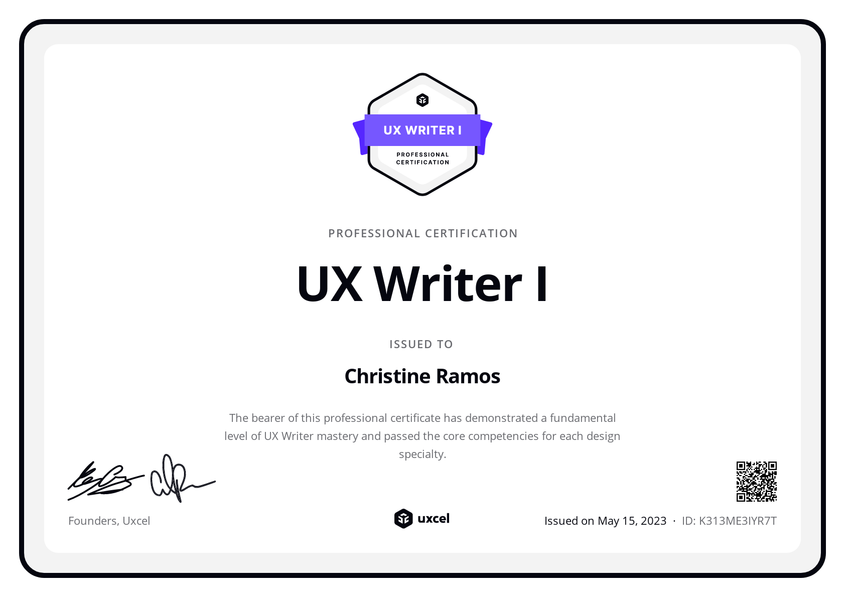 Christine Ramos's certificate